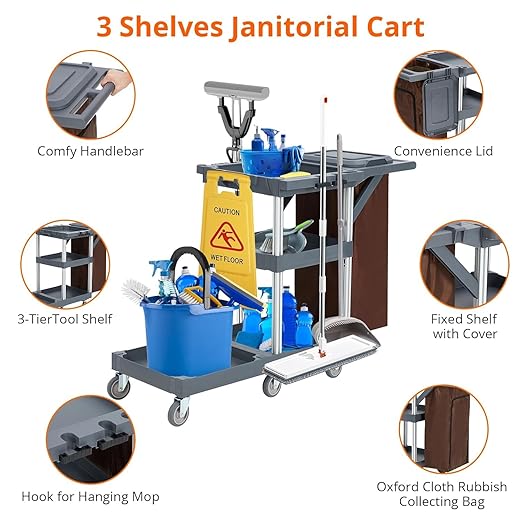 Commercial Traditional Janitorial 3-Shelf Cleaning Cart on Wheels with Cover and Vinyl Bag, Custodial Cart, Housekeeping Carts for Hotels, Stores, Schools, and Business