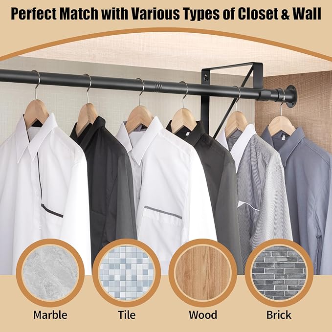 Closet Rod, 16 to 63 Inch Closet Rods Heavy Duty Adjustable Wardrobe Poles for Hanging Clothes and Heavy Duty Bracket Closet Pole Support (The Shelf NOT Included)(Black)