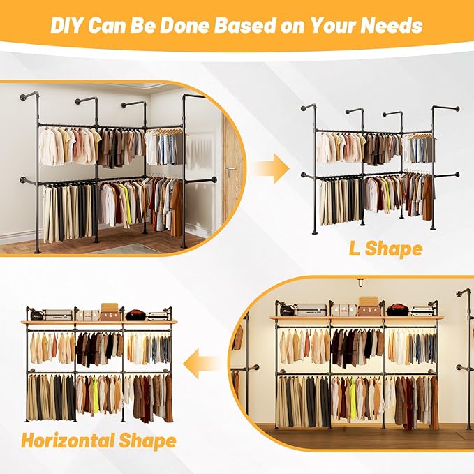 Industrial Pipe Clothing Rack, Reversible 79.7” Clothes Rack for Hanging Clothes with LED Lights, Black Wall Clothing Rack Wall Mounted Rack for Walk-in Closet, Laundry Room or Retail Display