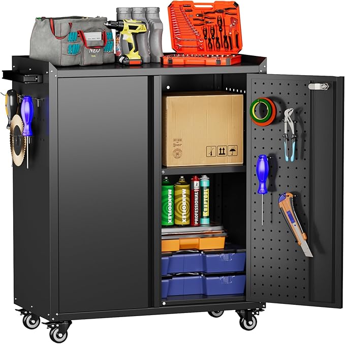 Aobabo 2 Door Metal Tool Storage Cabinet with Wheels, Locking Steel Rolling Tools Chest Garage Storage Cabinet with 1 Shelves, Assembly Required