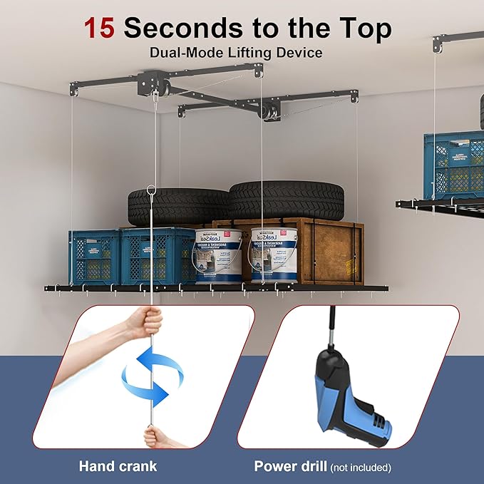 4x8FT Overhead Garage Storage Rack for High Ceilings 10-12 FT, Adjustable Garage Organization System, Heavy Duty Ceiling Storage Racks with Safety Lock,325LBS Capacity,Black
