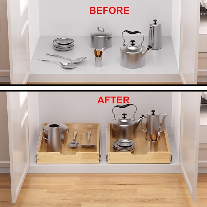 Wood Pull Out Cabinet Organizer 26" W x 21" D, Heavy-Duty Sliding Drawers for Inside Cabinets Storage and Organization for Kitchen, Pantry, Bathroom
