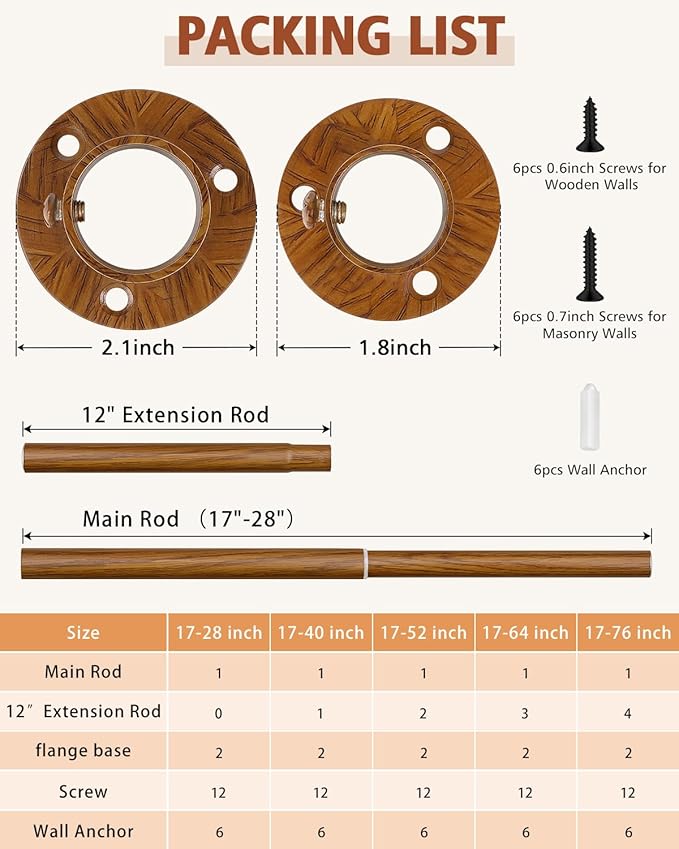 Closet Rods for Hanging Clothes, 17-40 Inch Heavy Duty and Stepless Adjustable Closet Poles, Stainless Steel Closet Hanging Rod for Wardrobes, Laundry Room, Bathroom, RV (Wood-Grain Finish)