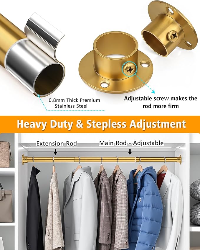 Closet Rods for Hanging Clothes, 17-28 Inch Heavy Duty and Stepless Adjustable Closet Poles, Stainless Steel Closet Hanging Rod for Closet, Wardrobes, Laundry Room, Bathroom, RV (Gold)