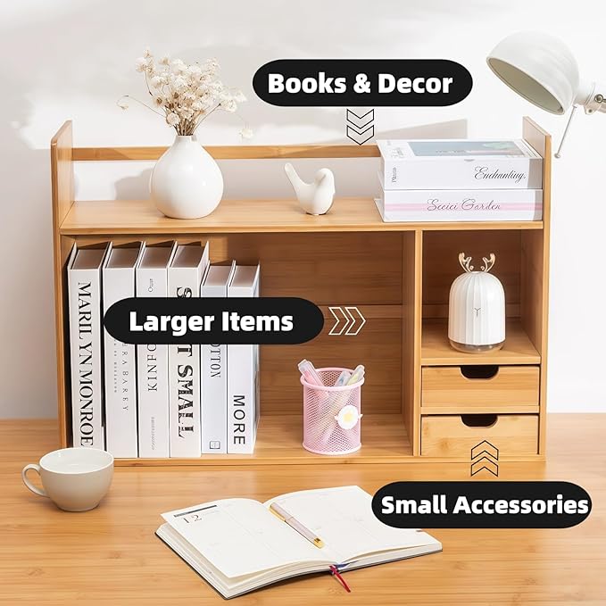 Bamboo Desktop Bookshelf 2-Tier Short Bookshelf with 2 Drawers Desk Shelf for Top of Desk Organizer Shelves Table Top Shelf Desktop Shelves for Offices & Studies (Short Style-22.83" L)
