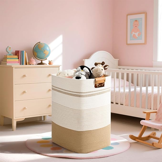 Laundry Hamper, 75L Tall Laundry Basket with Leather Handles, Rectangle Large Clothes Hamper for Organizing, Cotton Woven Laundry Baskets Storage Hampers for Bedroom, Nursery, Living Room