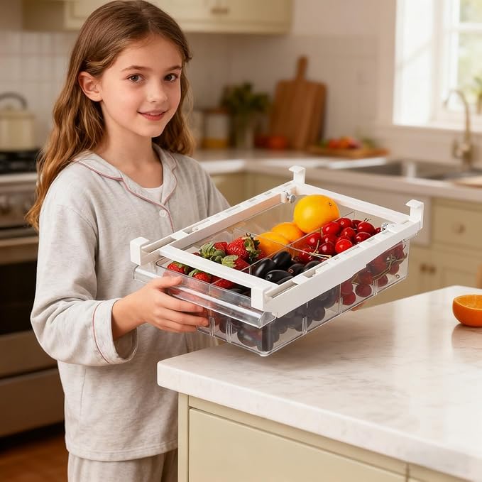 Fridge Drawer Organizer, Refrigerator Organizer Bins, Pull Out with Handle, fridge drawer organizer for Deli Meat, Cheese, Produce and More, Stretchable and Deep Storage (White-2)