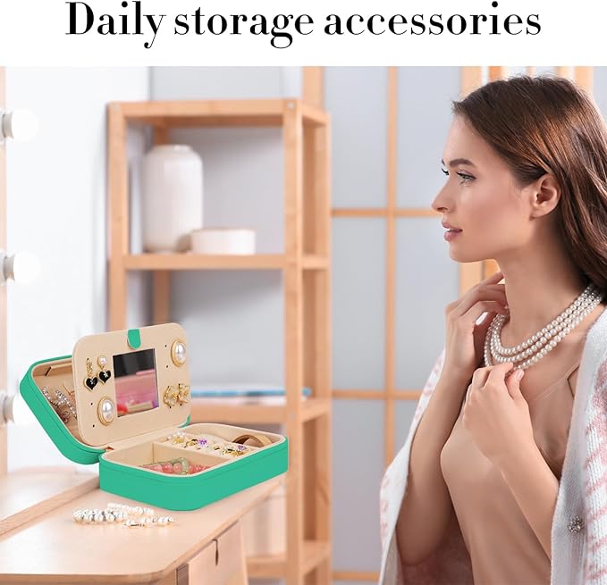 TopPerfekt Travel Jewelry Case, Jewelry Box with Mirror, Jewelry Organizer Bridal Shower Gifts to Her, Earring Storage Travel Case, Trendy Gift for Women and Girls, Girlfriend-Letter T, Green