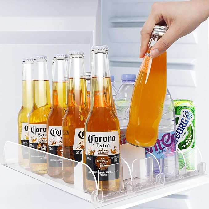 SOLY Drink Organizer for Fridge, Soda Can Dispenser for Refrigerator, Automatic Drink Dispenser Holds 6–20oz, 4 Row, 14.96" Deep