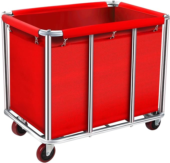 Commercial Laundry Cart with Wheels, 11.35 Bushel Large Rolling Laundry Hamper with Removable Waterproof Canvas Lining Basket, Heavy Duty Stainless Steel Rolling Hampers for Hotels & Hospital