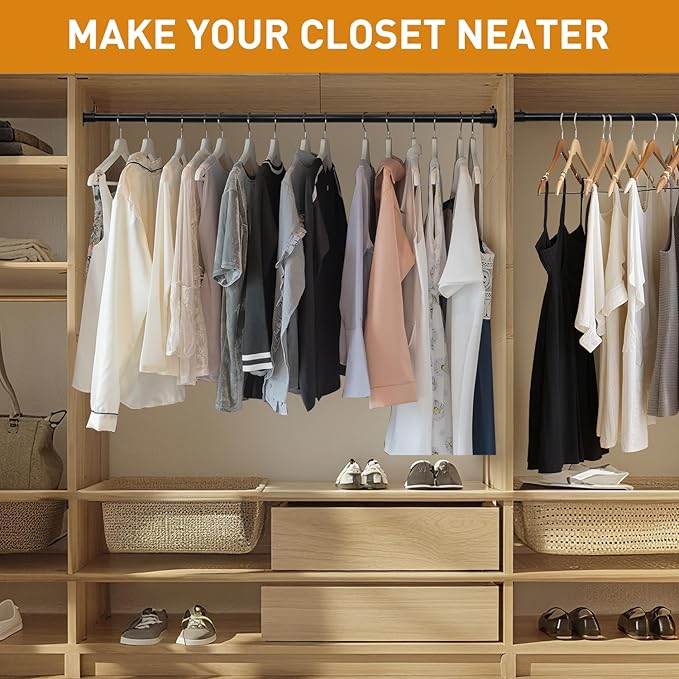 Black Adjustable Closet Rod 18-92 Inches, Heavy Duty Metal Clothes Hanging Rod, Rust-Proof Non-Slip Wardrobe Bar for Closet, Laundry Room, RV
