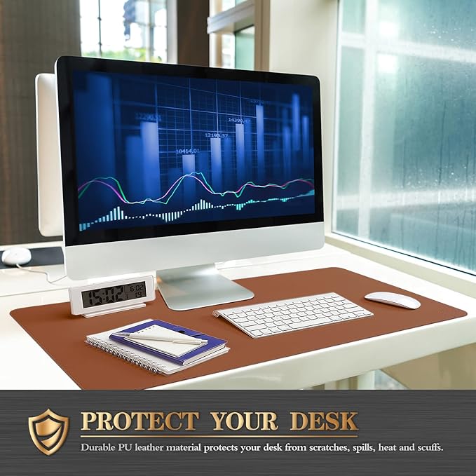K KNODEL Desk Mat, Blotter, Dual-Sided Office Desk Pad, Waterproof Desk Mat for Desktop, Desk Blotters, PVC Leather Pad Protector (Brown, 23.6" x 13.8")