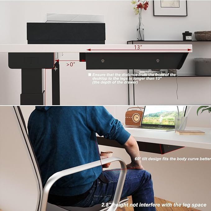 Large Under Desk Mounted Sliding Drawer with Bamboo Tray and 60 Degree Tilt Panel to Pull Out, 26'' Long & 13'' deep Large Storage Organizer for Sit Stand Workstation