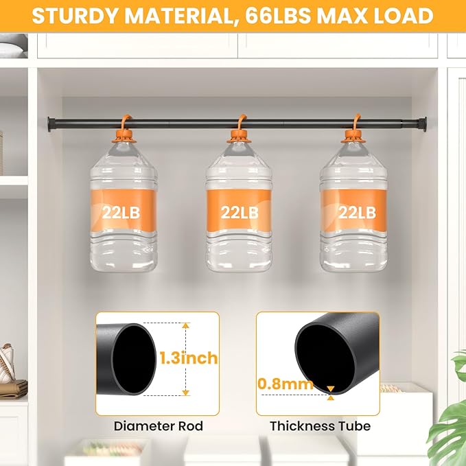 2 Pack Closet Rods for Hanging Clothes,17-83 Inch No-Cut Stepless Adjustable Closet Rod, 1.3 Inch Heavy Duty Metal Closet Hanging Rod with Brackets, Closet Bar for Closet, Laundry Room, RV, Wardrobes