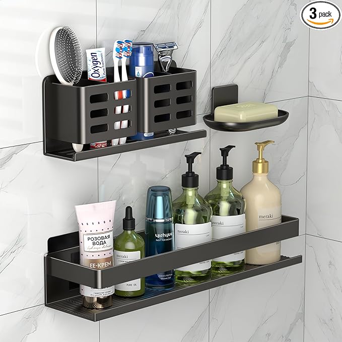 Shower Shelf 3 Pack - Bathroom Shower Shelf Rust-Proof Aluminum Adhesive Installation No Drilling Required, Suitable for Bathroom Storage and Home Decoration