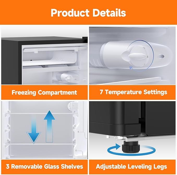 4.3 Cu.Ft Mini Fridge with Freezer, Single Door Refrigerator With 7 Settings Temperature Adjustable and 3 Removeble Shelves, Low Noise, Dorm Fridge, Mini Refrigerator for Bedroom, Office, Dorm