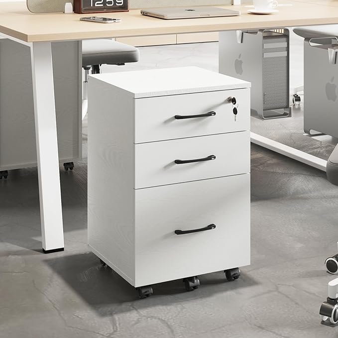 File Cabinet With Lock, 3 Drawer Wood Rolling Filing Under Desk for Home Office, Storage Fits Letter/A4 Size, Mobile Printer Stand, White