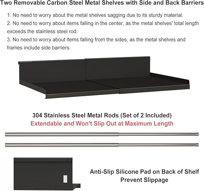 Expandable Under Cabinet Shelf Organizer with 1.25 Inches Thick Clips, Heavy Duty Extendable Under Shelf Storage Basket for Pantry or Laundry Room, Black, 1 Pack, Interior: 5.7" H x 8.54" D