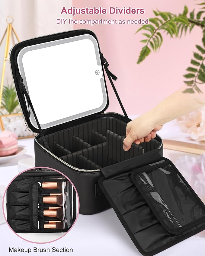 Relavel Initial Makeup Bag with LED Mirror for Women Girls, Personalized Travel Cosmetic Organizer Train Case, Birthday Gifts for Grandkids Bridesmaid Graduation Teacher Friends, Trendy Stuff, Black K