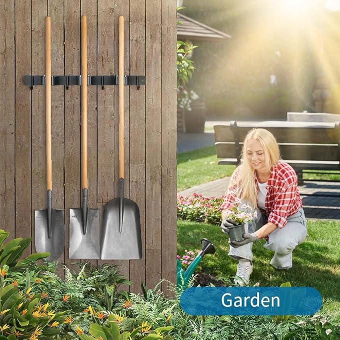 Broom Hanger and Mop Holder, Heavy Duty Garden Tool Organizer Rack Rake and Shovel Handle, Stainless Steel Wall Mounted Utility Rack with Screws (5 Racks with 4 Hooks, Matte Black).
