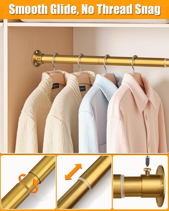Closet Rods for Hanging Clothes, 17-28 Inch Heavy Duty and Stepless Adjustable Closet Poles, Stainless Steel Closet Hanging Rod for Closet, Wardrobes, Laundry Room, Bathroom, RV (Gold)