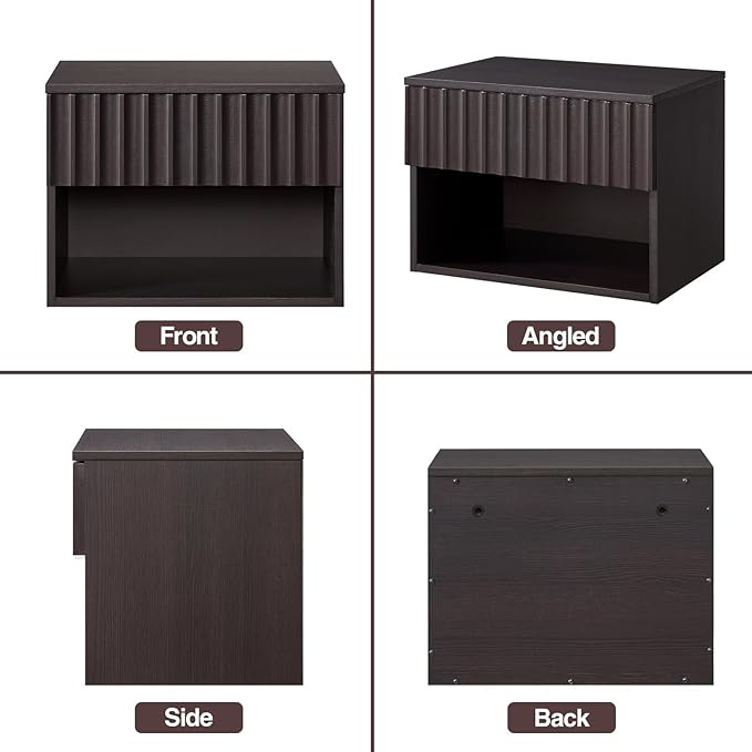 Floating Nightstand with Fluted Drawer - Modern Wall Mounted Bedside Table with Open Storage Shelf, Small Night Stand TV Stand for Bedroom(Espresso, Set of 2)