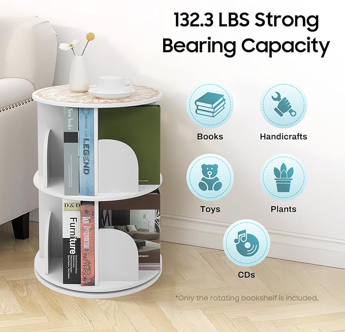 2-Tier Rotating Bookshelf 360° Revolving Bookcase, Floor Standing Bookcase Book Storage Organizer Display Rack, Round Bookshelf with Dividers & Anti-Falling Baffles for Living Room, Study Room