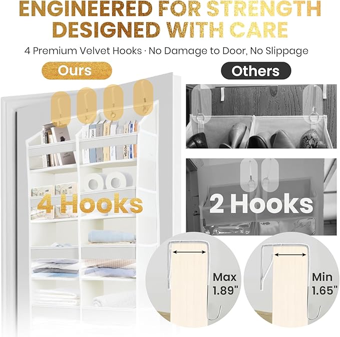 HOMELUX THEORY Over The Door Organizer Hanging - 50lbs Load 6 Large Front & 12 Side Pockets, 1 Pack Over The Door Shoe Organizer, Hanging Closet Organizer For Toys, Diaper, Sewing (XL, Ivory)