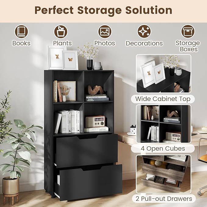 GOFLAME 4-Tier Bookcase with 2 Drawers, 51” Tall Bookshelf with 4-Cube Open Shelf, Wood, Modern, Freestanding Display Storage Organizer Shelf for Living Room, Home Office (1,Black)