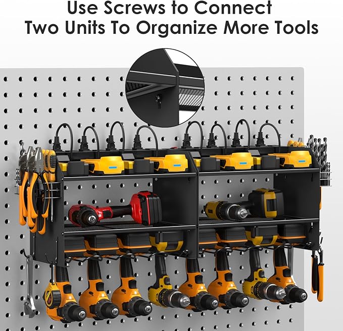 CCCEI Modular Power Tool Organizer Wall Mount Charging Station, Black 6 Drills Holder with 8 Plug Power Strip 10FT, Garage Drill Battery Heavy Duty Metal Shelf, Utility Rack with Hooks, Side Storage.
