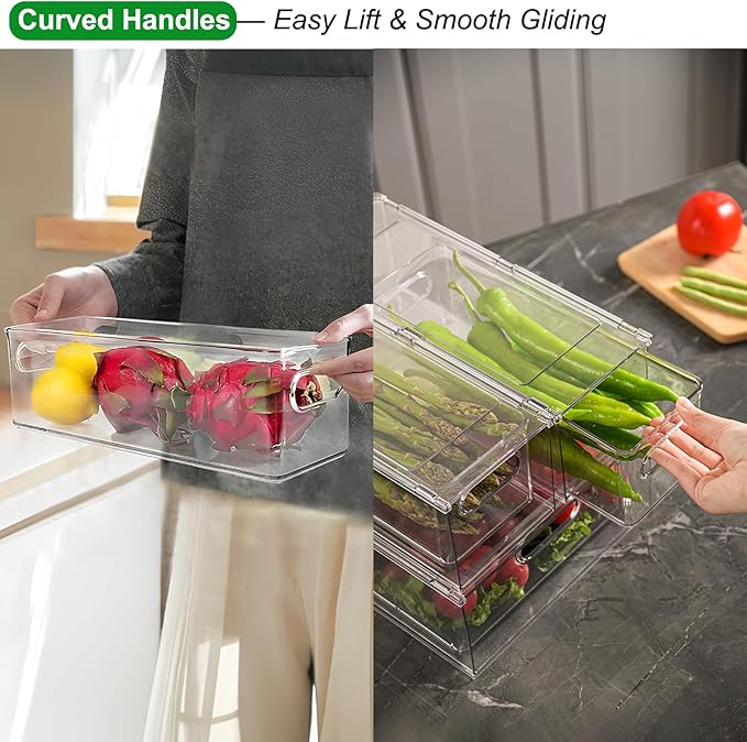 Taiuloo 2 Pack Stackable Refrigerator Organizer Bins with Pull-Out Drawer, Clear BPA-Free Food Storage Containers for Fridge Freezer, Kitchen Pantry Cabinet & Bathroom Vanity Organization
