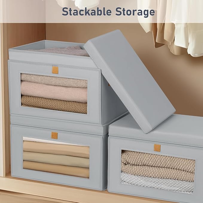 DIMJ Storage Bins with Lids - 8 Pack Large Fabric Closet Organizer with Window & Handles, Collapsible Decorative Storage Boxes for Shelves Under Bed, Books Clothes Blankets Sweaters Organization
