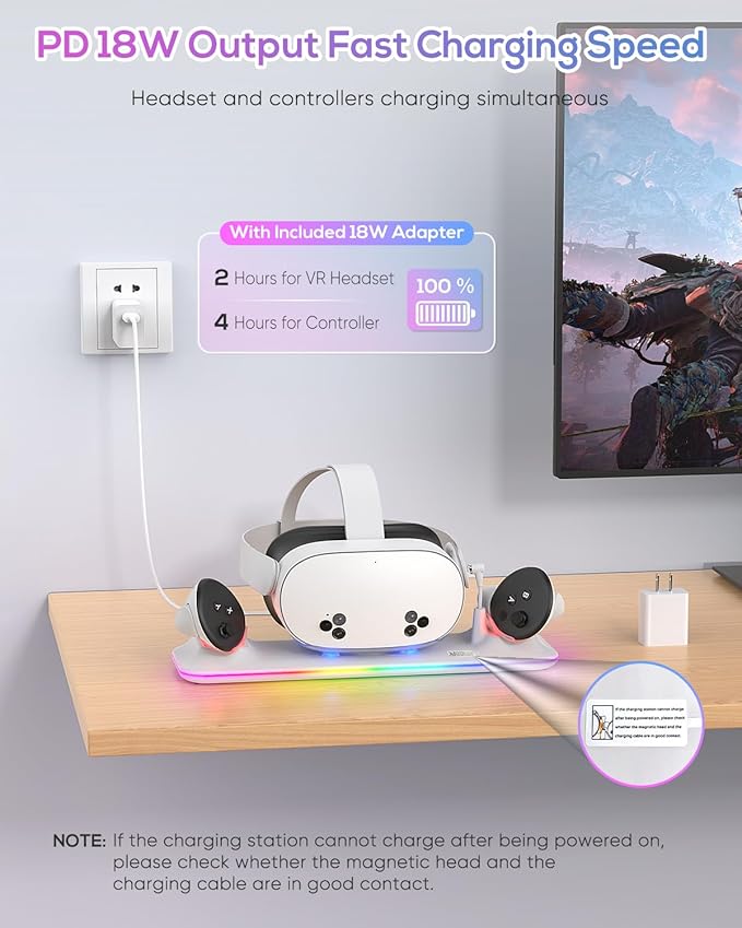 Charging Dock for Meta Quest 3S/3, Kinwin PD 18W Fast Charging Station for Oculus 3S Accessories with RGB Light, Magnetic Charger Stand for Headset/Controller with 2 Rechargeable Batteries-Black