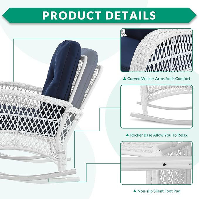 VIVIJASON Outdoor Wicker Rocking Chair, Patio Rattan Rocker Chair with Cushions & Steel Frame, All-Weather Rocking Lawn Furniture for Garden Backyard Porch (White Wicker/Navy Blue)