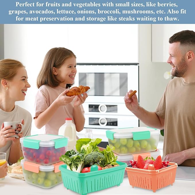 68oz Berry Keeper Fruit Storage Container for Fridge, Fresh Food Produce Saver Containers with Removable Drain Colanders, Vegetable Lettuce Keeper Bowl, Refrigerator Organizer, PRESS TO OPEN CLOSE LID