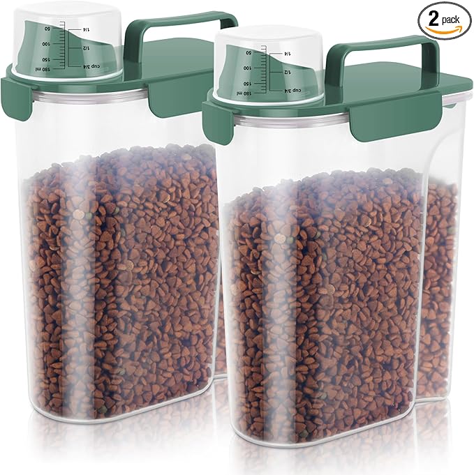 5-7lbs Cat Dog Storage Container Portable with Upgraded Large Spout and Cup, Plastic Pet Food Dispenser BPA-Free for Small Animal Kibble, Bird Seed, Oatmeal, Rice, Flour-2Pack Dark Green