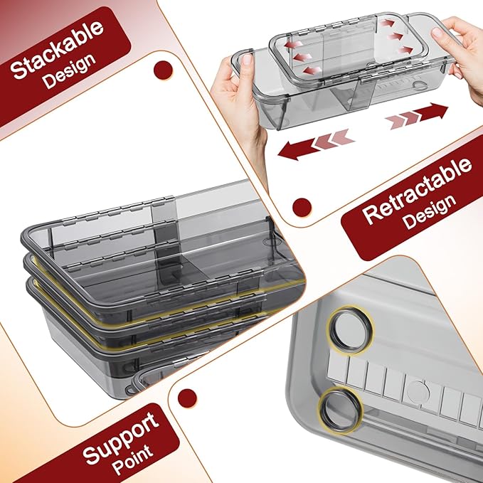 15 Pcs Extendable Clear Drawer Organizer, All Adjustable Vanity Storage Box, 2-Size Desk Drawer Organizer, Acrylic Storage Bins for Makeup, Bedroom Dressers Tool Organizer for Gadgets, Black