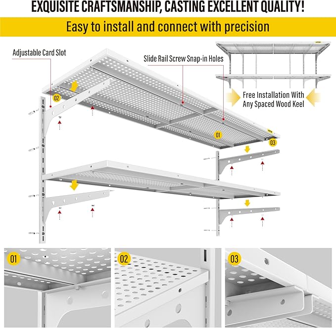2-Pack 2 Tier 1.3x4ft Garage Shelving Wall Mounted, 520lbs Load Capacity，15.6x48inch per Shelf Height Cassette Adjustable Floating Shelves (White)