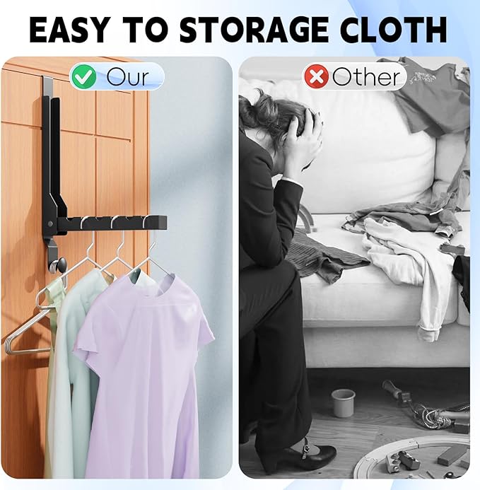 BAKON Over The Door Hanger Folding Clothes Drying Rack, Folding Hanging Coat Rack for Indoor Laundry Room Compact Small Space Foldable Portable Clothing Hanger Hook Collapsible (Black-4(Upgraded))