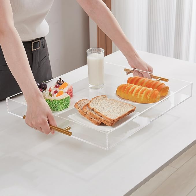 Large Clear Acrylic Serving Tray (14×18 Inches) with Gold Handles Spill Proof Acrylic Decorative Tray Organiser for Ottoman Coffee Table Countertop