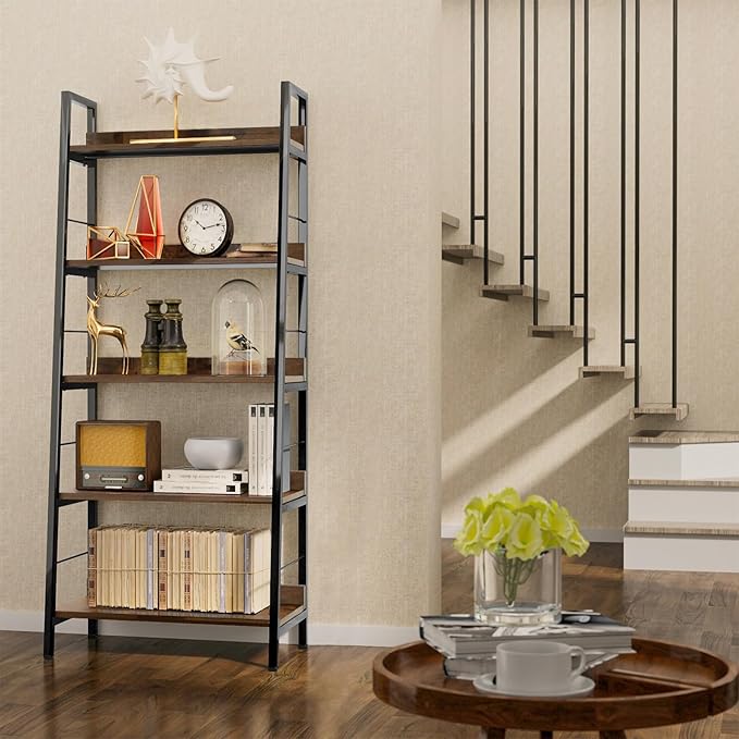Himimi Industrial Bookshelf 5-Tier, Home Office Bookcase Ladder Shelf, Freestanding Storage Shelves Rack Shelf Unit, Brown Ladder Bookcases with Metal Frame for Bedroom, Living Room, Kitchen