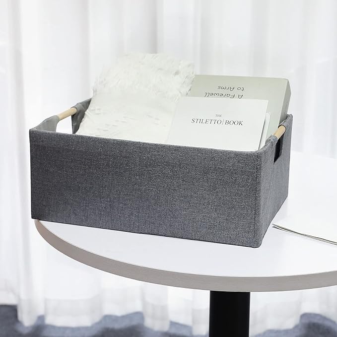 Fabric Storage Bin 3 Pack Foldable Cotton Linen Storage Basket with Wooden Handles Rectangular Cube Box - Gray, Medium