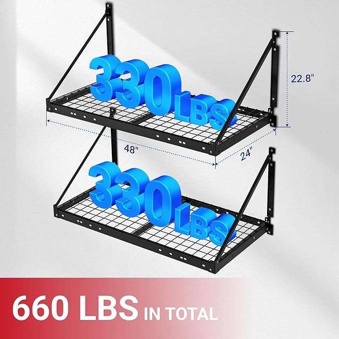 FLEXIMOUNTS 2-Pack 2x4ft Garage Wall Shelving - Heavy Duty Garage Storage Rack, 880lbs Load Capacity with Brace Guardrail, Organization System for Tools, Bins, Utility Room, Pro Series