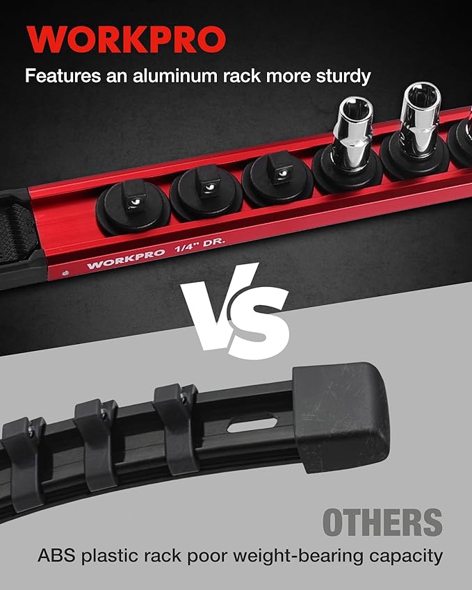 WORKPRO Magnetic Socket Organizer Set, 1/2" 3/8" 1/4" Drive Aluminum Alloy Socket Holder, 6PC Socket Rail with Removable Socket Clips, Socket Organizer Tray for Tool Box Drawer (Sockets Not Included)