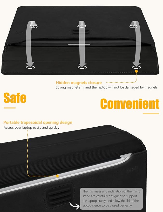 HYZUO 13 Inch Laptop Sleeve with Stand Feature for MacBook Air 13 M4 M3 M2 M1 2025-2018, MacBook Pro 13 M2 M1, 13" iPad Pro/Air, Surface Pro, with Carry Bag, Black
