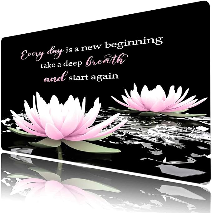 LB Pink Water Lily Flower Inspirational Large Mouse Pad with Motivational Quotes, Non-Slip Rubber Base Black White Aesthetic Desk Pad for Home, Office, Gaming Mouse Mat, 15.75" x 31.5"