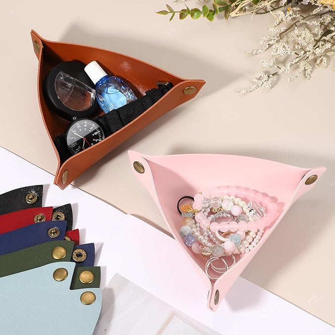 uxcell 2 Pcs Valet Tray for Women and Men, PU Leather Jewelry Tray Entryway Table Bedside Nightstand Catchall Storage Organizer for Jewelry Key Coin Watch Wallet (Triangle, Dark Green)