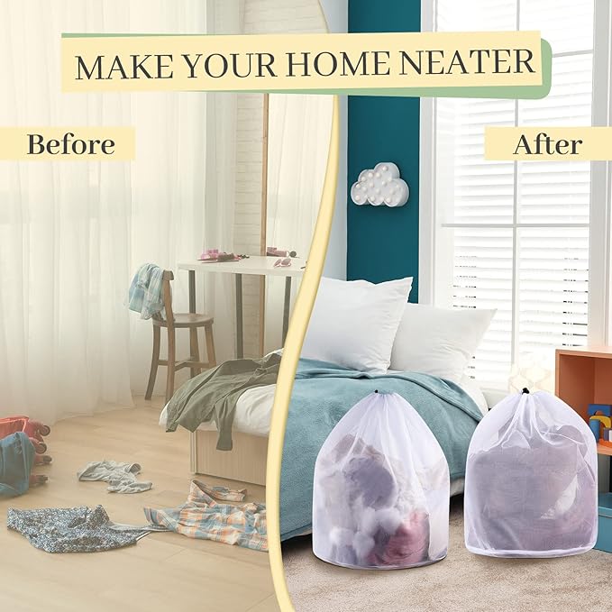12 Pcs 24 * 32 Inches Fine Mesh Laundry Bag with Drawstring Large Heavy Duty Mesh Bag Machine Washable Sheet Drawstring Net for Delicates College Dorm