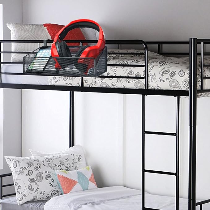 Bedside Caddy Shelf Hanging Storage Basket for Bunk Bed, Office Cubical Walls, Baby Rails, College Dorm Organizer - 5 Pairs Sized Hooks for Phone, Glass, Magazine, Decor (Black)