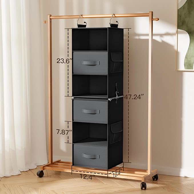 Pipishell 6-Shelf Hanging Closet Organizer, Hanging Shelves with 2 Separable 3-Tier Shelves, Closet Shelves Organizer with 3 Removable Drawers for Wardrobe, Nursery, Baby Clothes, Black